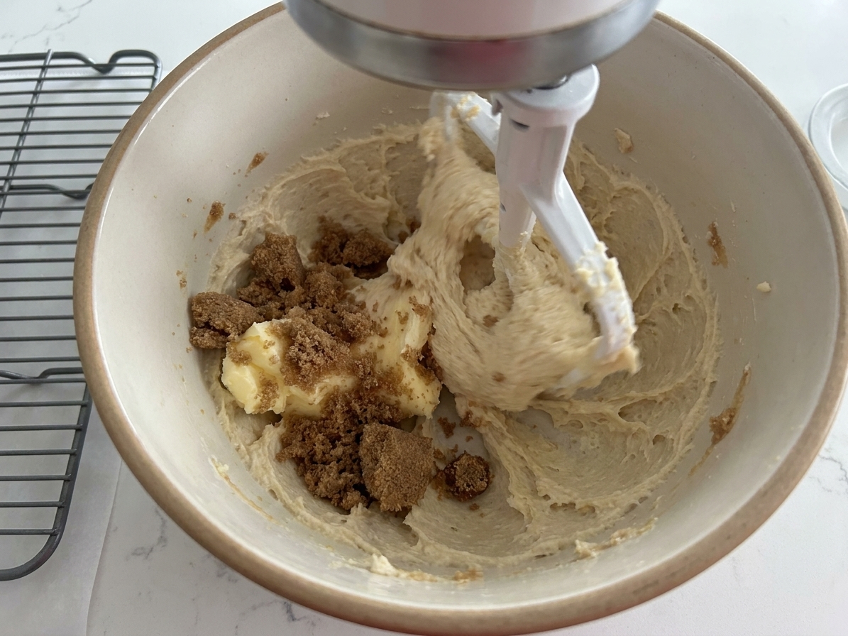 Butter and brown sugar being creamed in a mixing bowl until pale and fluffy