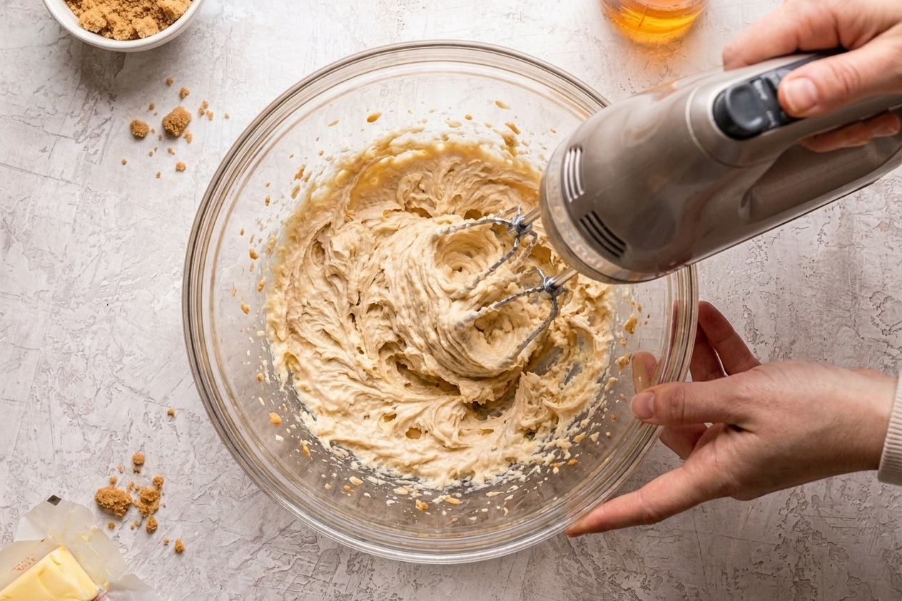 Butter and brown sugar being mixed in a large bowl with a hand mixer until creamy and light
