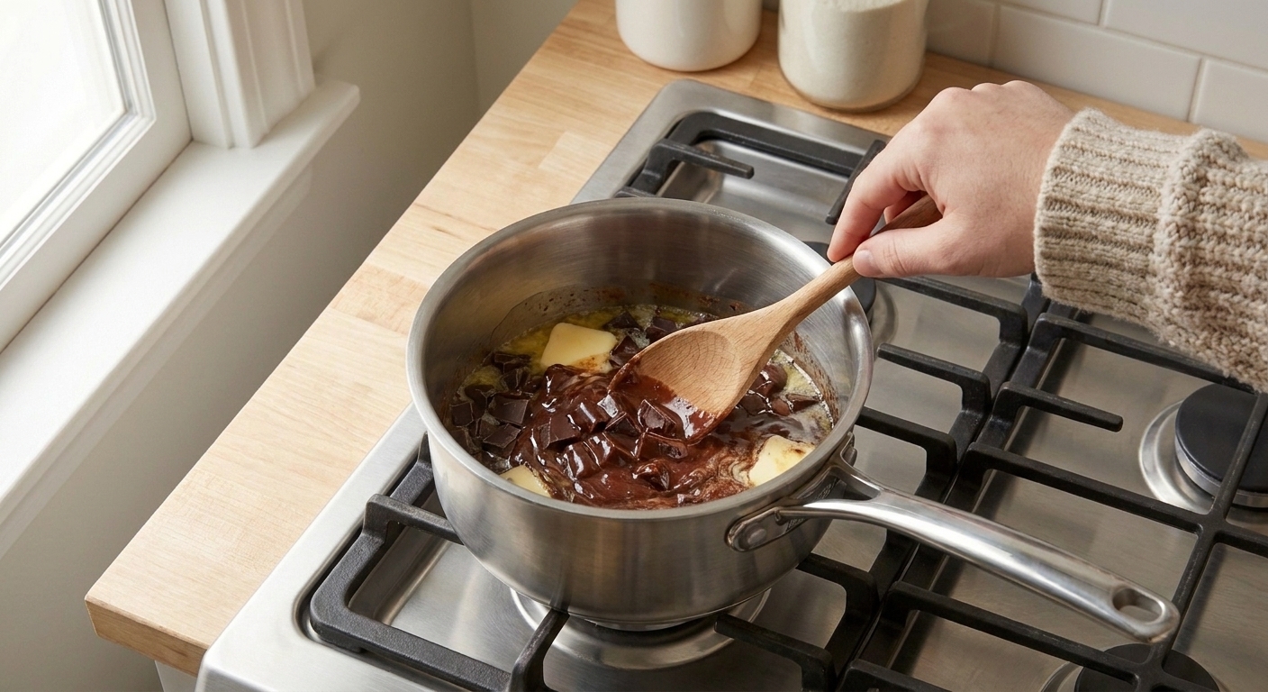Butter and chopped chocolate melting together in a saucepan on a stove with a wooden spoon stirring