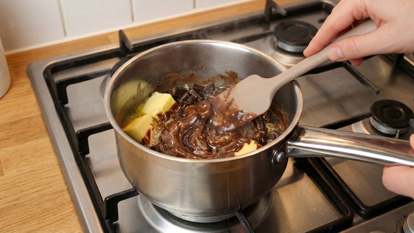 Butter and chopped chocolate melting together in a small saucepan on low heat, being stirred with a spatula