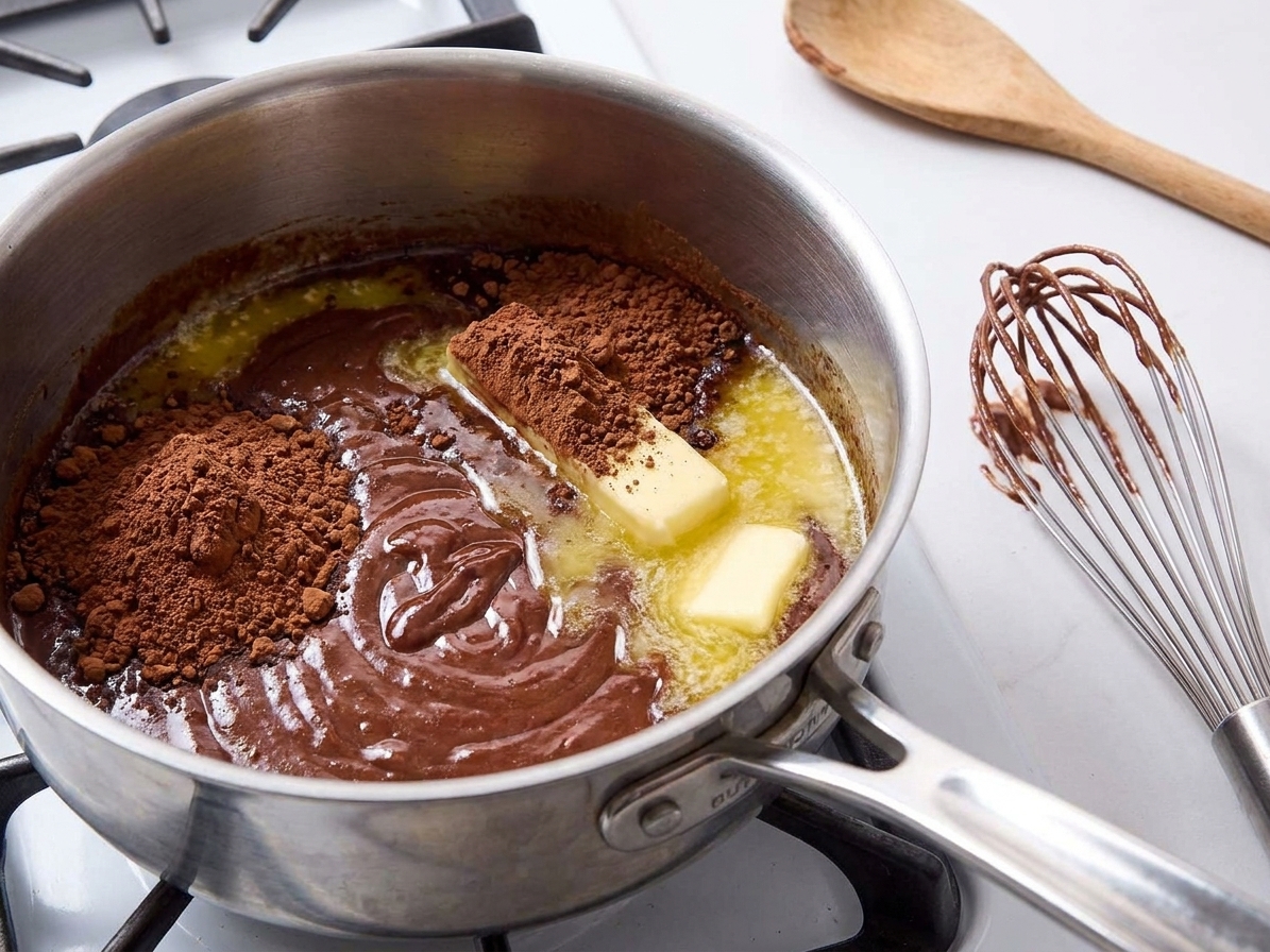 Butter and cocoa powder melting together in a saucepan on a stovetop, with a whisk resting nearby