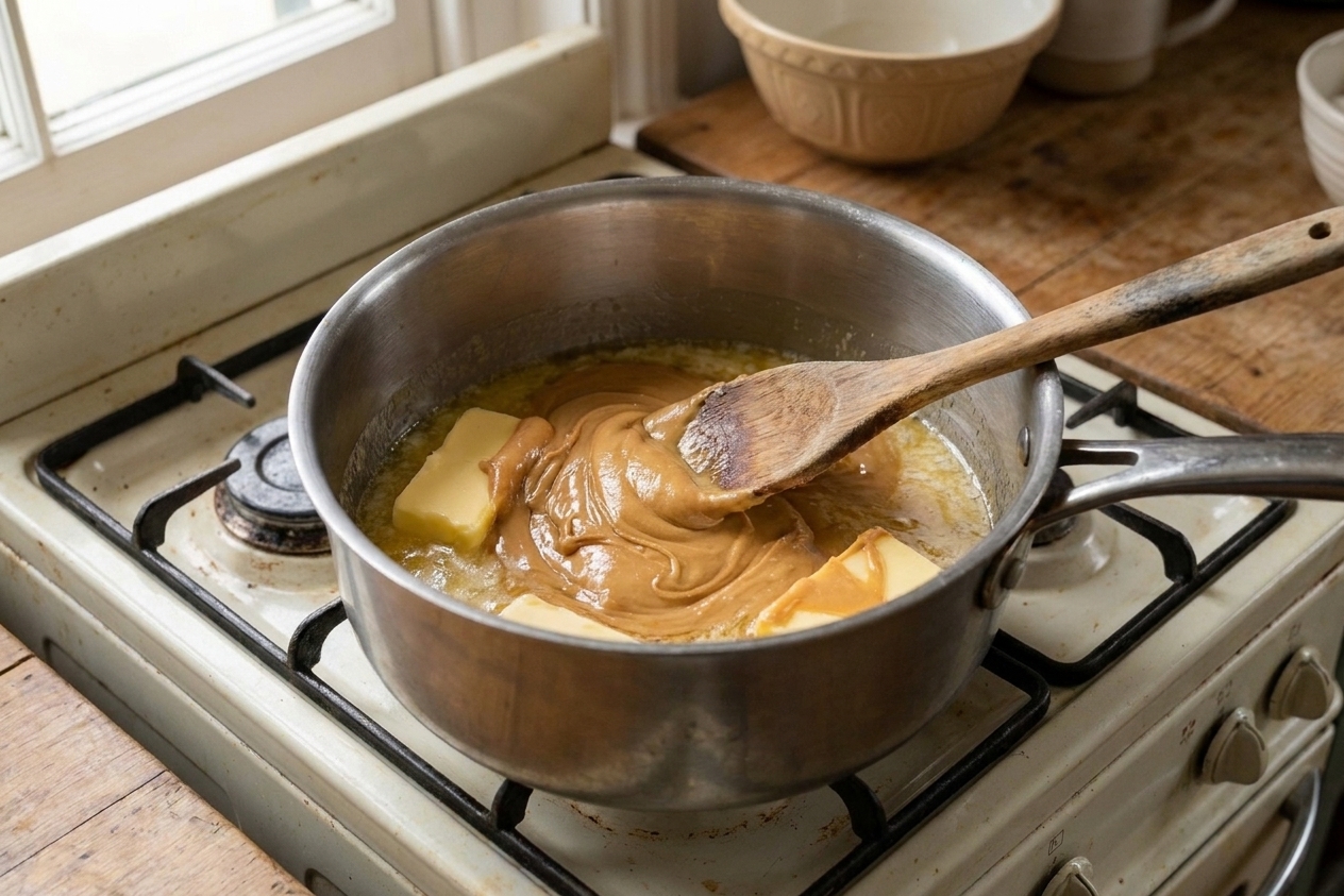 Butter and creamy peanut butter melting together in a large pot on a stovetop with a spatula ready to stir