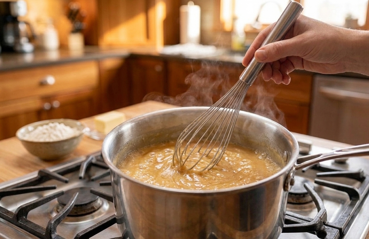 Butter and flour being whisked into a smooth roux in a saucepan on the stove