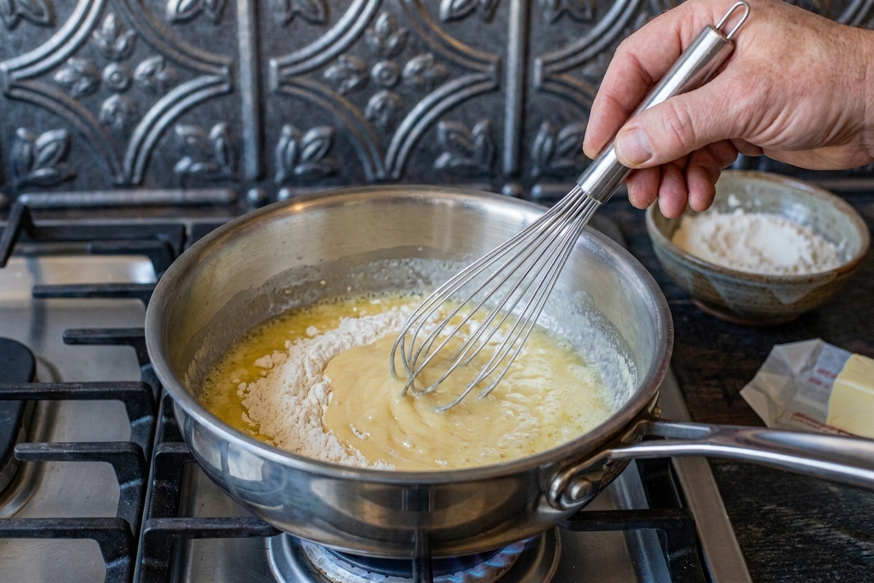 Butter and flour being whisked into a smooth roux in a stainless steel saucepan on a stovetop