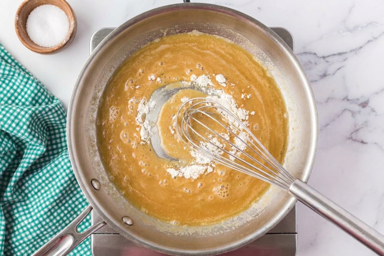 Butter and flour being whisked into a smooth roux in a stainless steel skillet on a stovetop