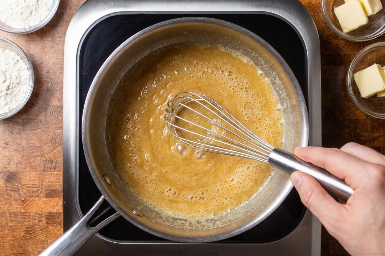 Butter and flour being whisked into a smooth roux in a saucepan on the stove