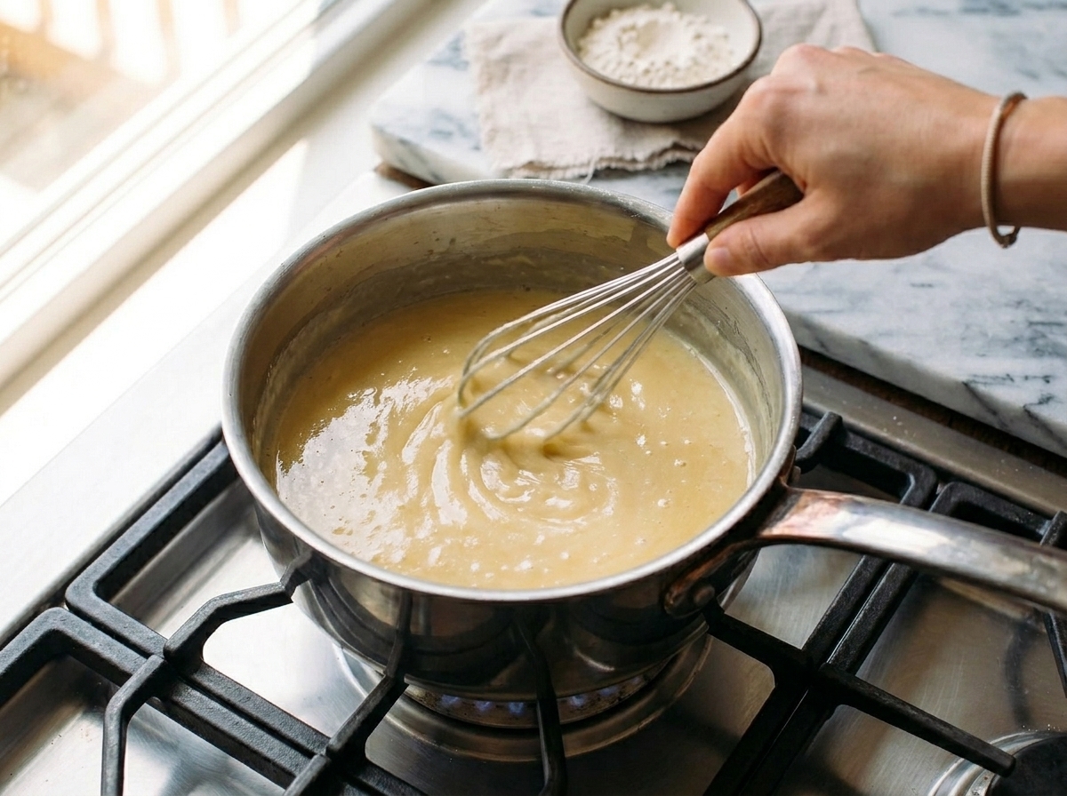 Butter and flour roux being whisked in a stainless steel saucepan on the stove, smooth and glossy