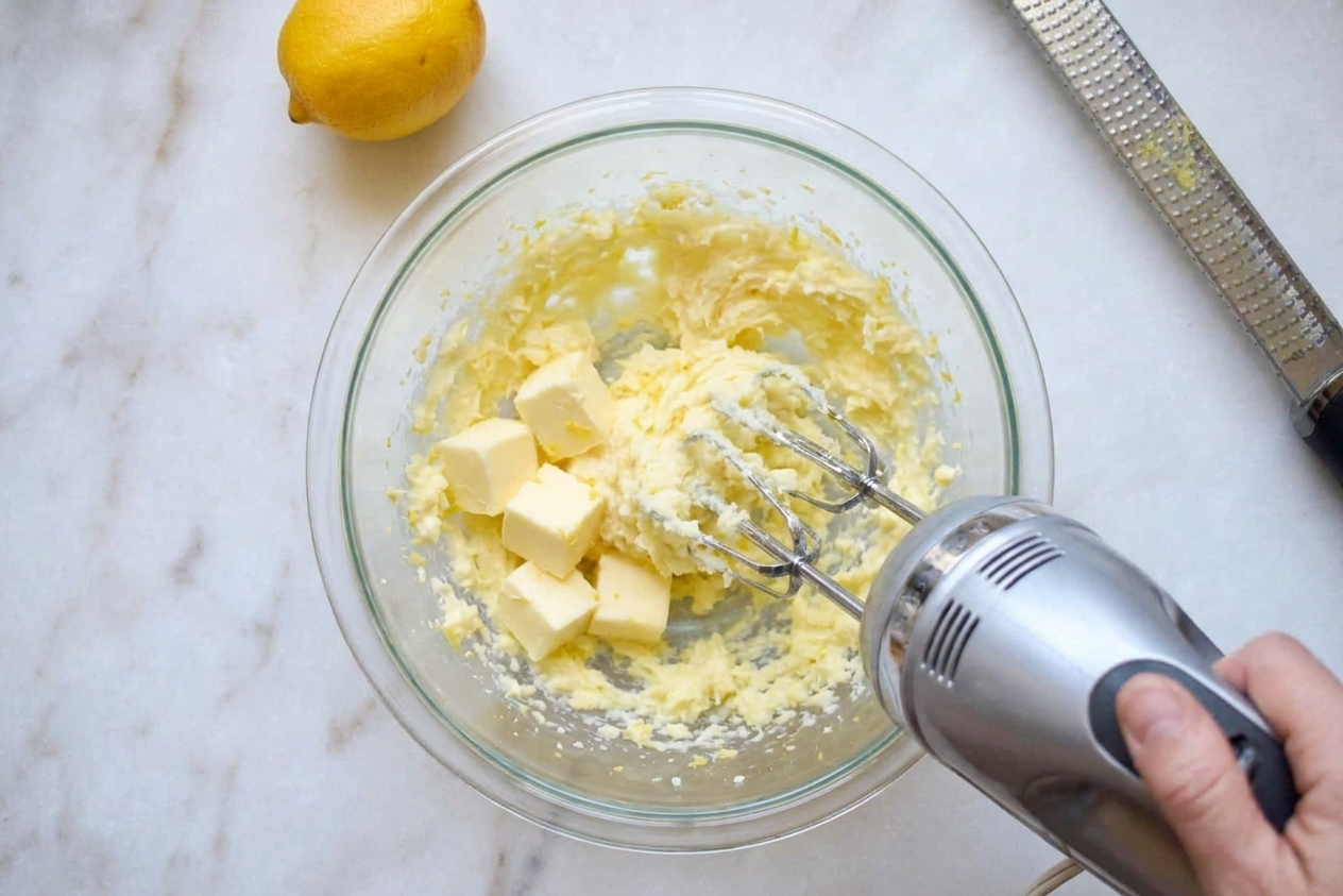Butter and lemon-zest sugar being creamed in a mixing bowl with an electric mixer on a bright kitchen counter