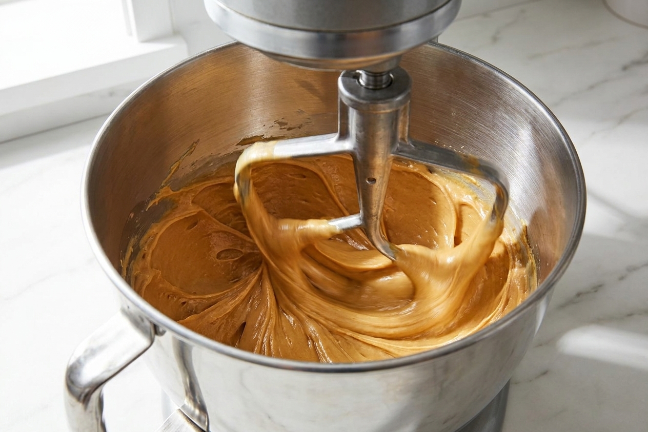 Butter and peanut butter being creamed together in a stand mixer bowl with a paddle attachment, smooth and glossy