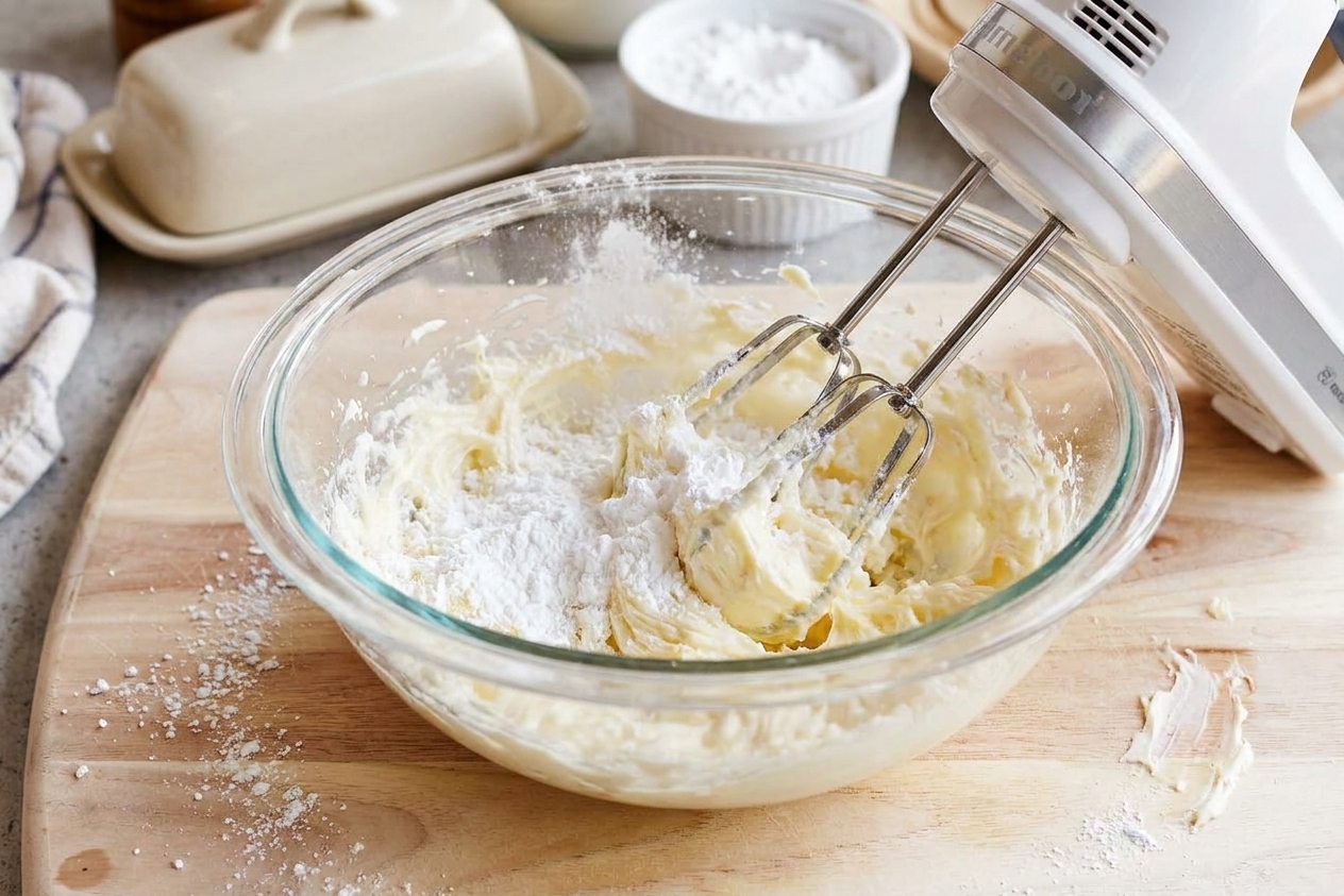 Butter and powdered sugar being mixed in a glass bowl with a hand mixer on a bright kitchen counter