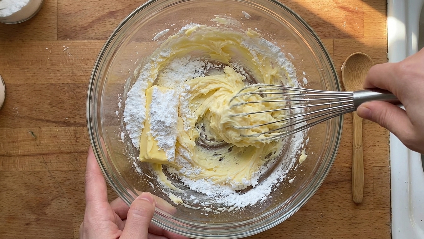 Butter and powdered sugar being mixed into a fluffy paste in a glass bowl on a kitchen counter
