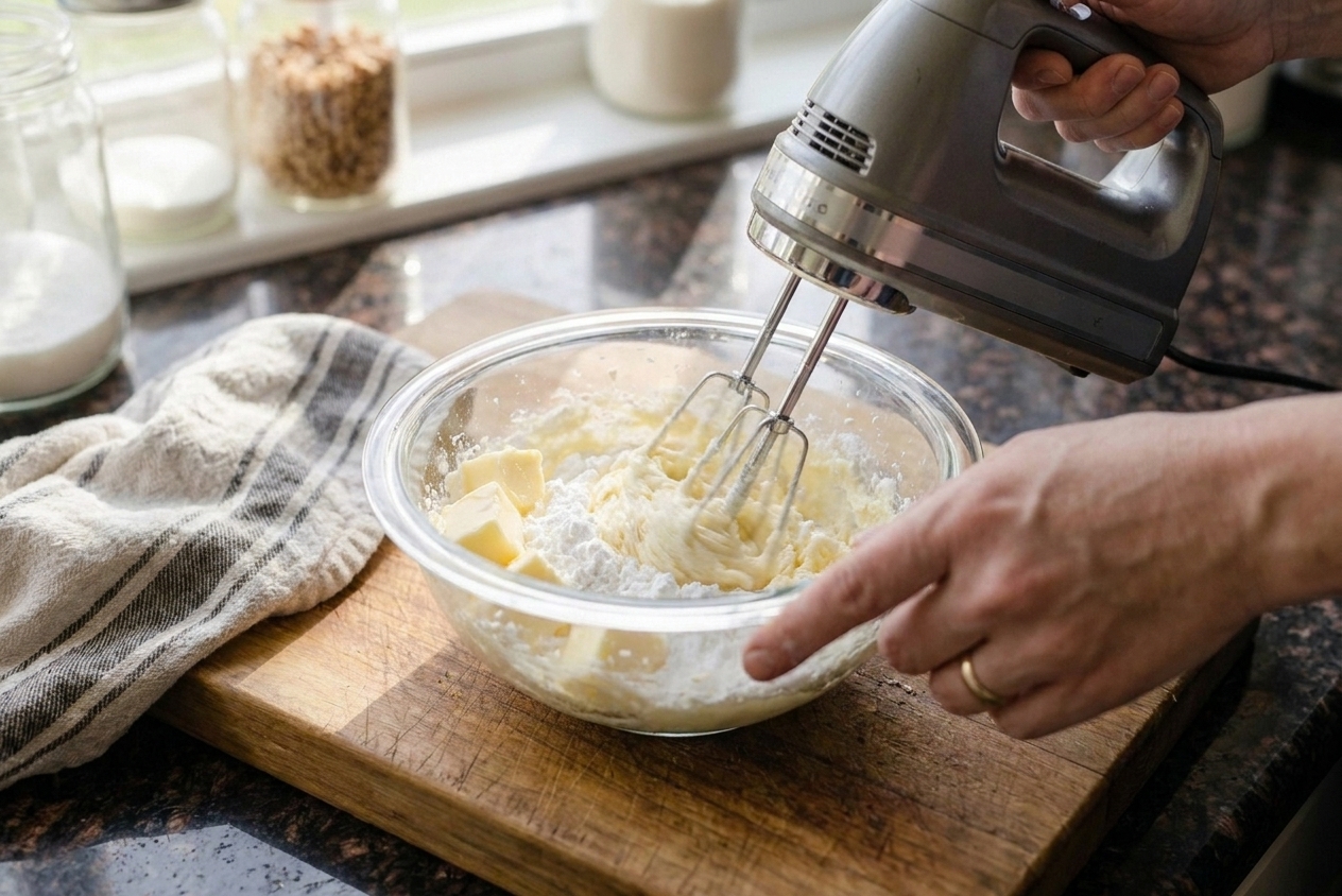 Butter and powdered sugar being mixed together in a glass bowl with a hand mixer on a kitchen counter
