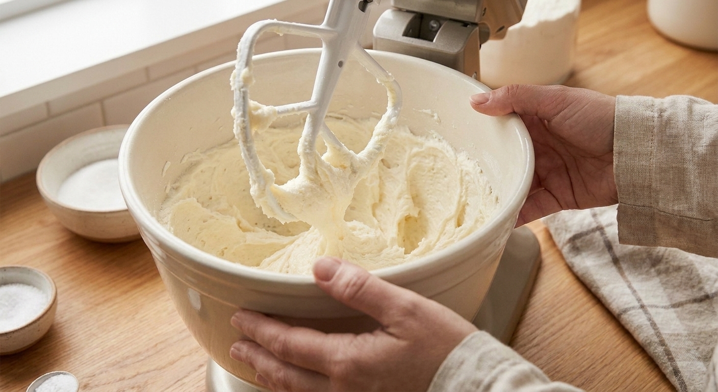 Butter and sugar beaten in a mixer bowl until pale and fluffy