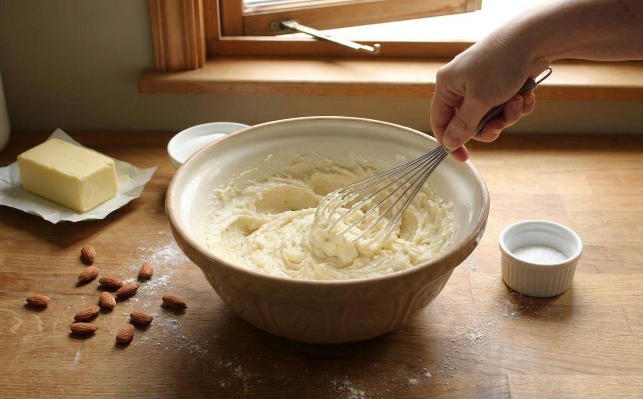 Butter and sugar beaten together in a mixing bowl until pale and fluffy on a kitchen counter