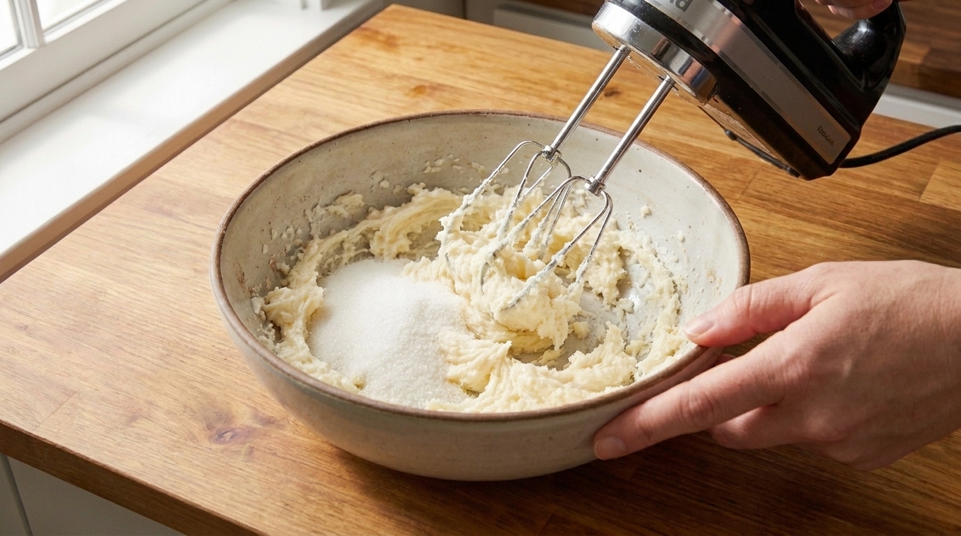 Butter and sugar being beaten in a mixing bowl until pale and fluffy