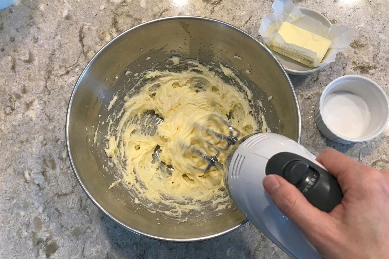 Butter and sugar being beaten in a mixing bowl until pale and fluffy