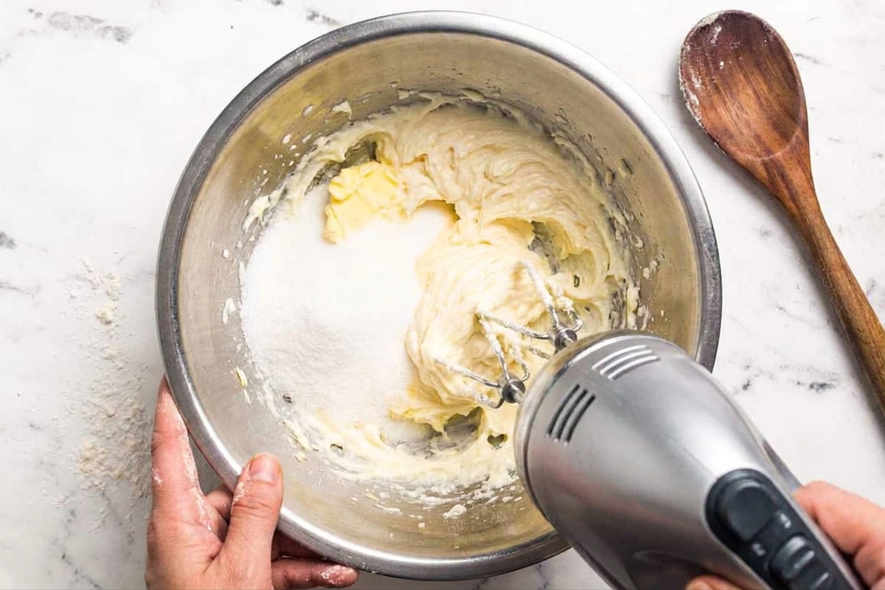Butter and sugar being beaten in a mixing bowl until pale and fluffy on a bright kitchen counter