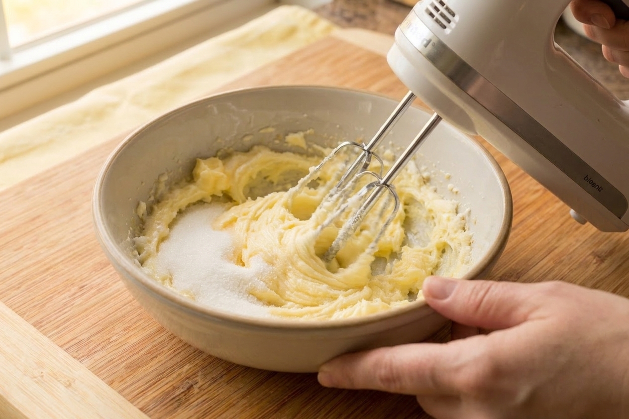 Butter and sugar being beaten together in a mixing bowl until pale and fluffy