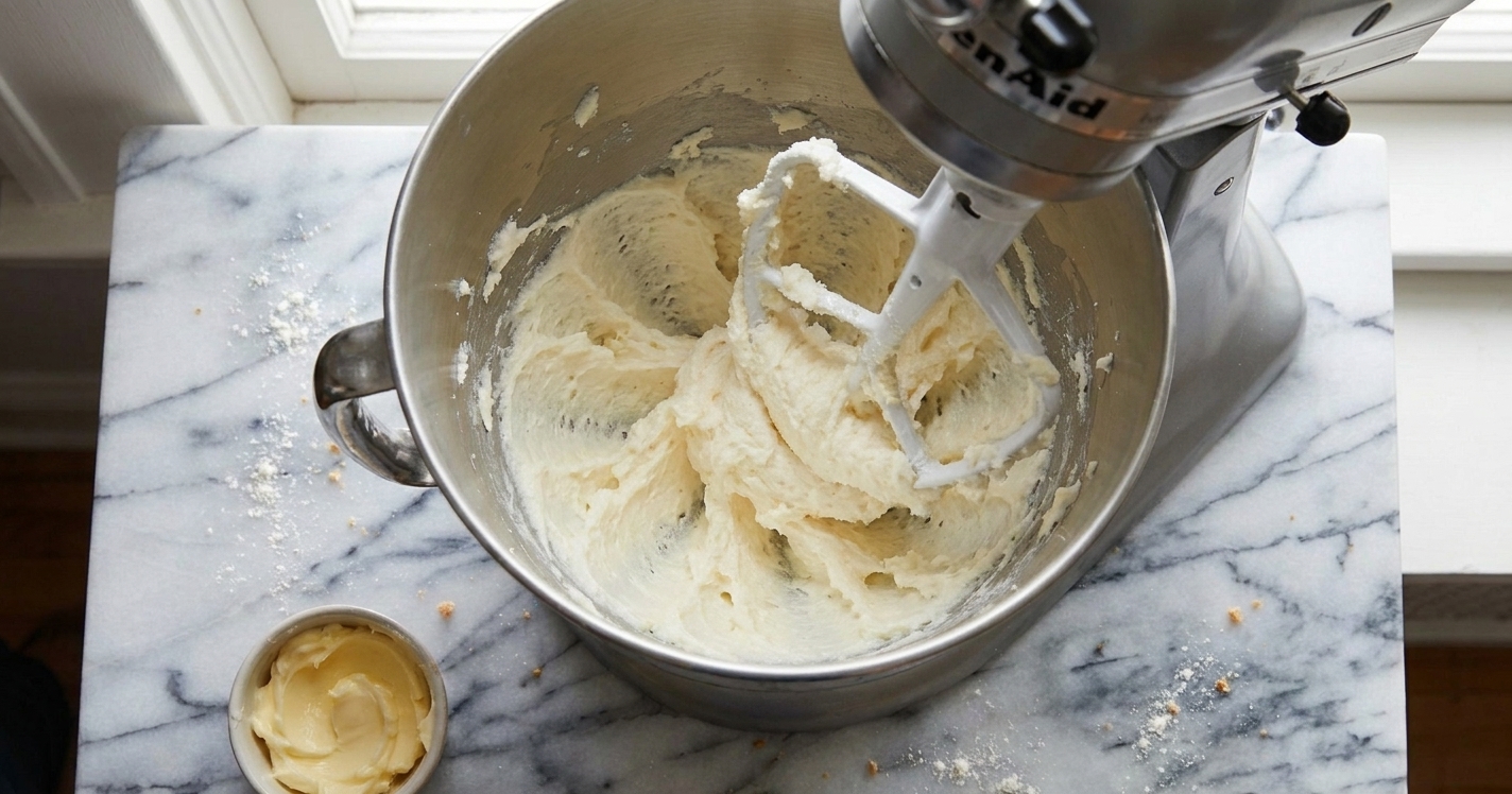 Butter and sugar being beaten until pale and fluffy in a stand mixer bowl
