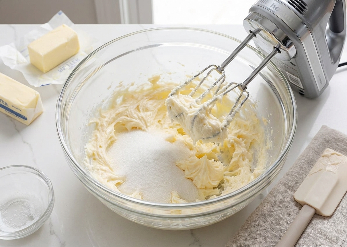 Butter and sugar being creamed in a mixing bowl with a hand mixer, mixture pale and fluffy