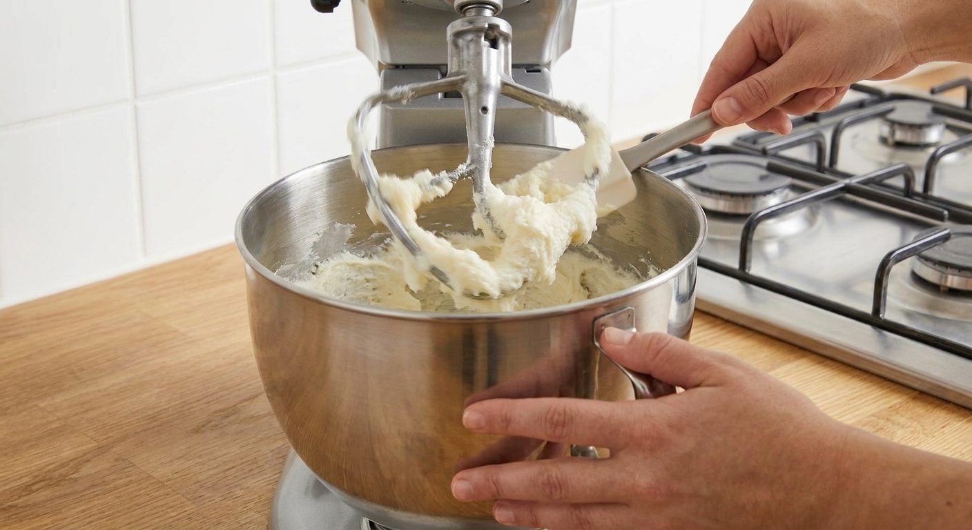 Butter and sugar being creamed in a stand mixer bowl until pale and fluffy