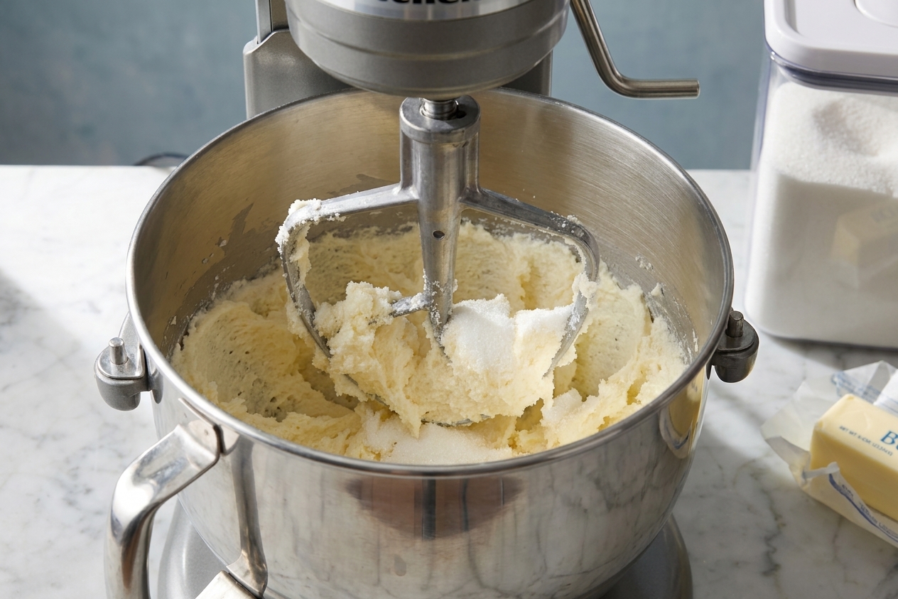 Butter and sugar being creamed in a stand mixer bowl until pale and fluffy