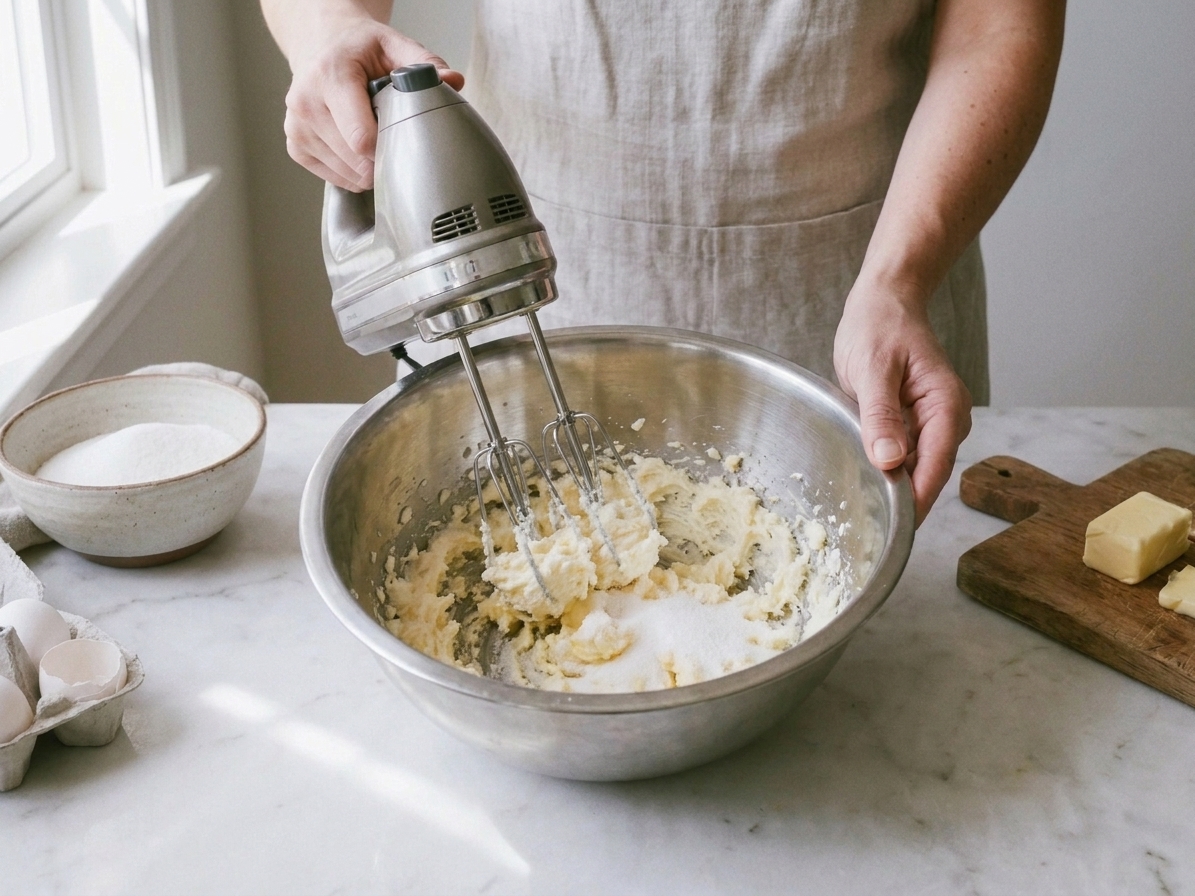 Butter and sugar being creamed together in a mixing bowl with a hand mixer on a clean kitchen counter