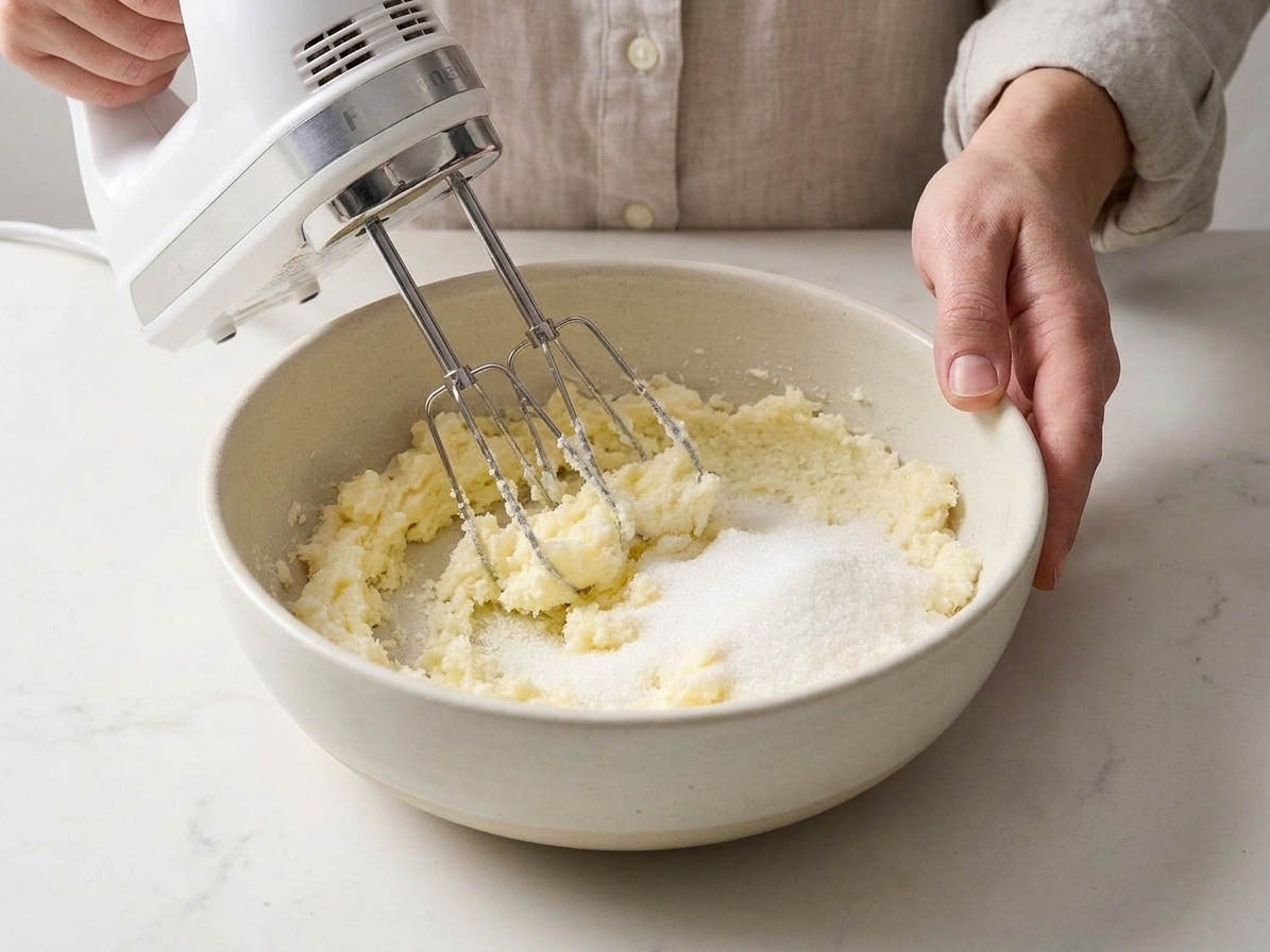 Butter and sugar being creamed together in a mixing bowl with a hand mixer