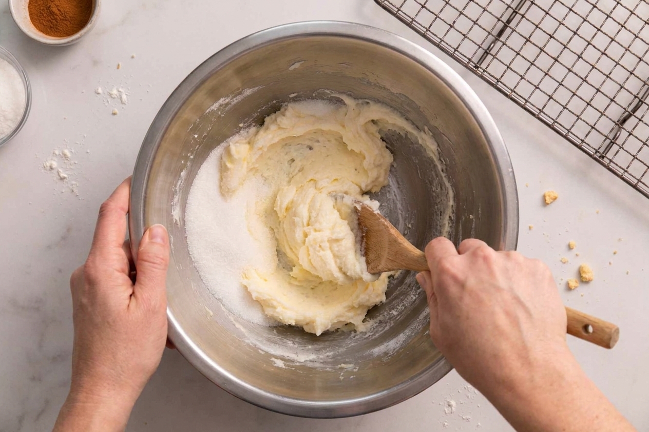 Butter and sugar being creamed together in a mixing bowl on a kitchen counter