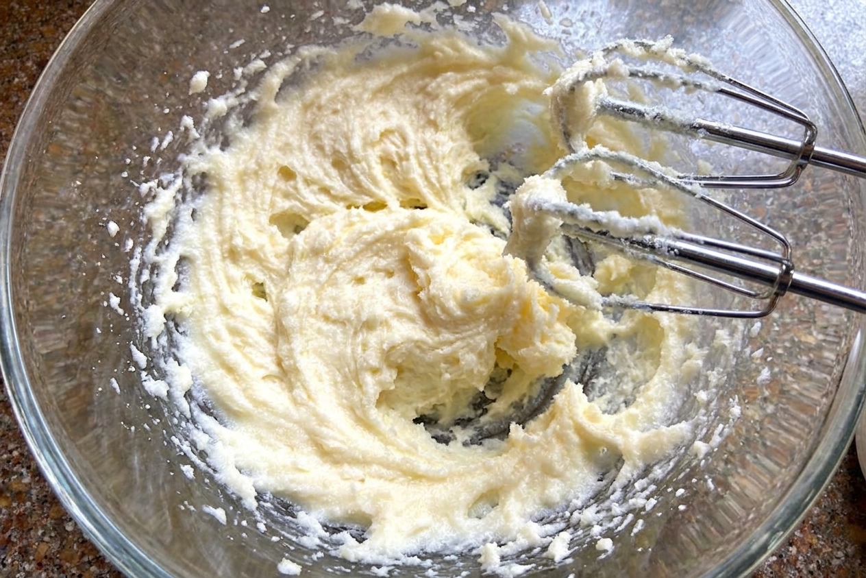 Butter and sugar creamed together in a mixing bowl until light and fluffy