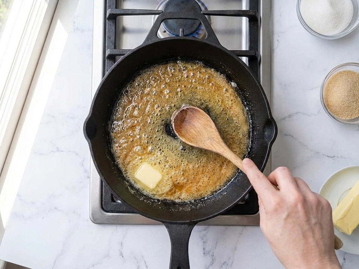 Butter and sugar melting together in a cast iron skillet on a stovetop as caramel begins to turn pale amber