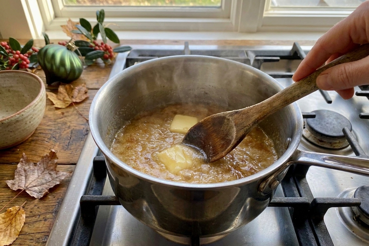 Butter and sugar melting together in a saucepan on a stovetop with a wooden spoon stirring