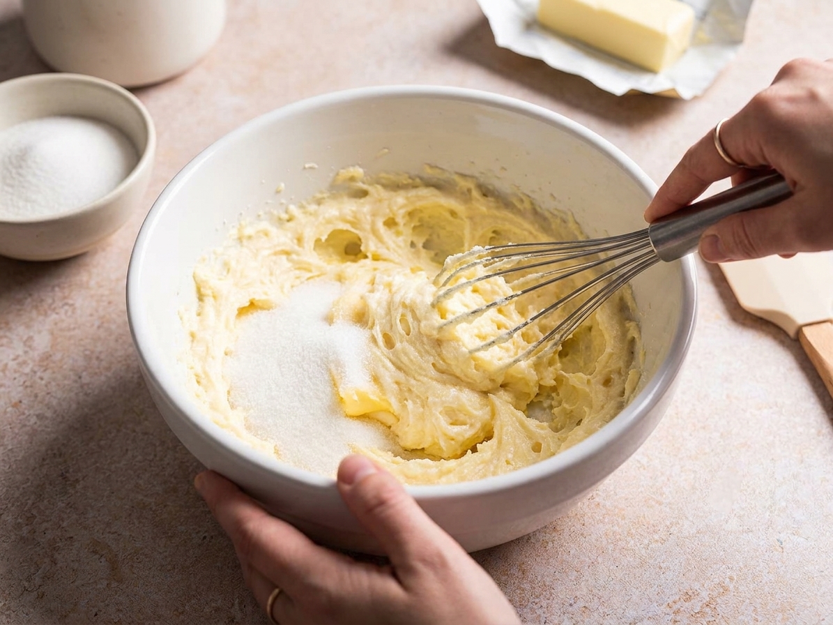 Butter and sugars being creamed together in a mixing bowl until light and fluffy on a kitchen counter
