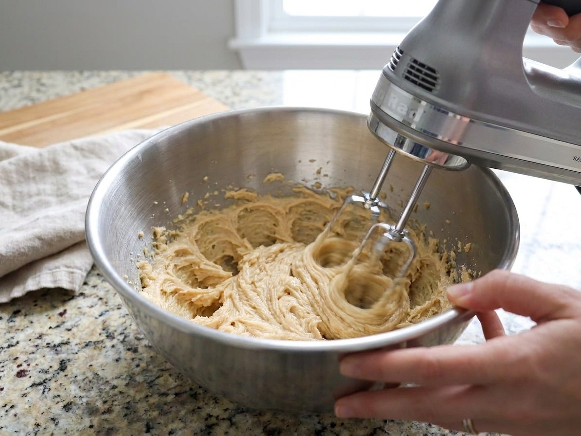 Butter and sugars being creamed together with a hand mixer in a mixing bowl