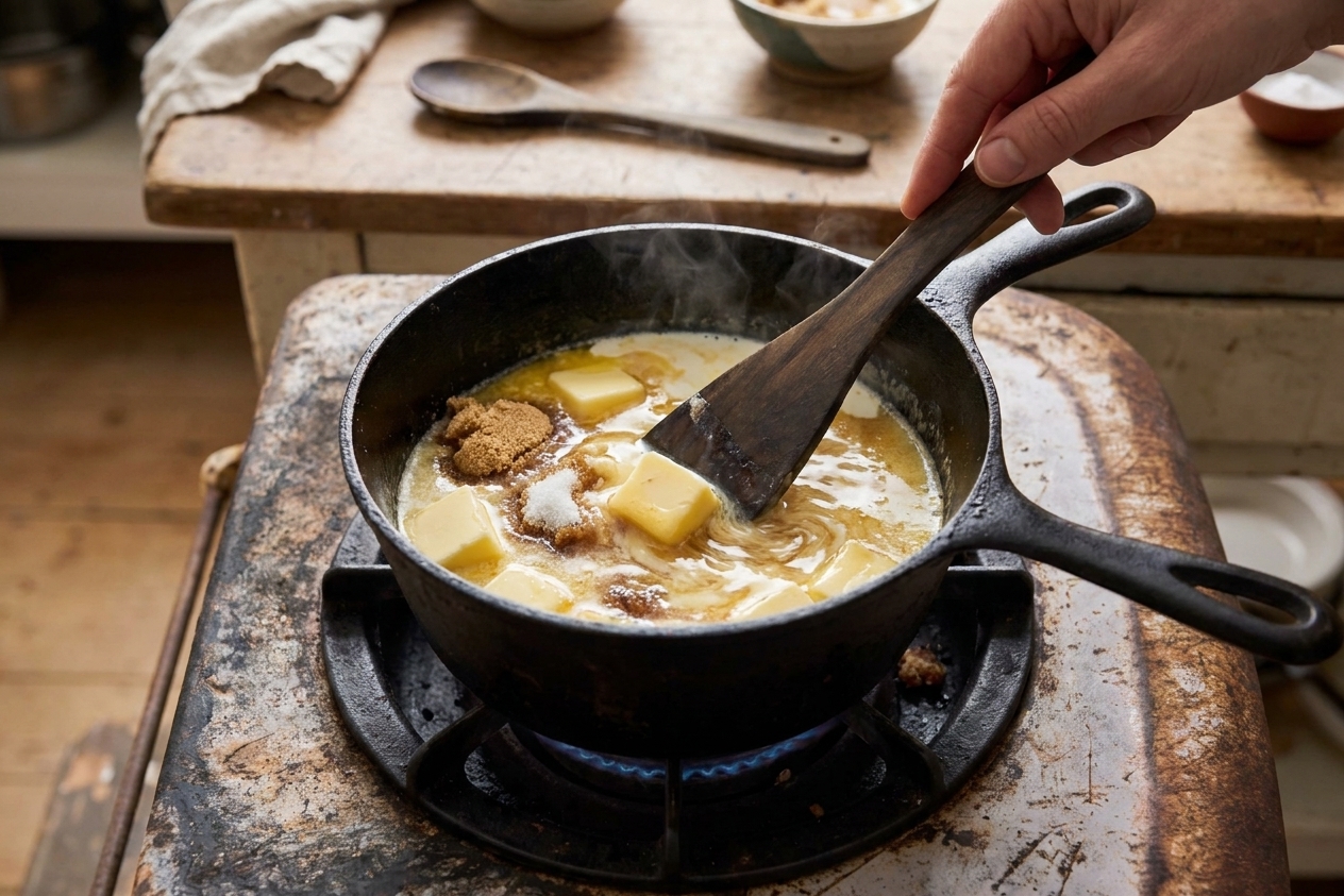 Butter and sugars melting with cream in a saucepan on the stovetop, being stirred with a heatproof spatula