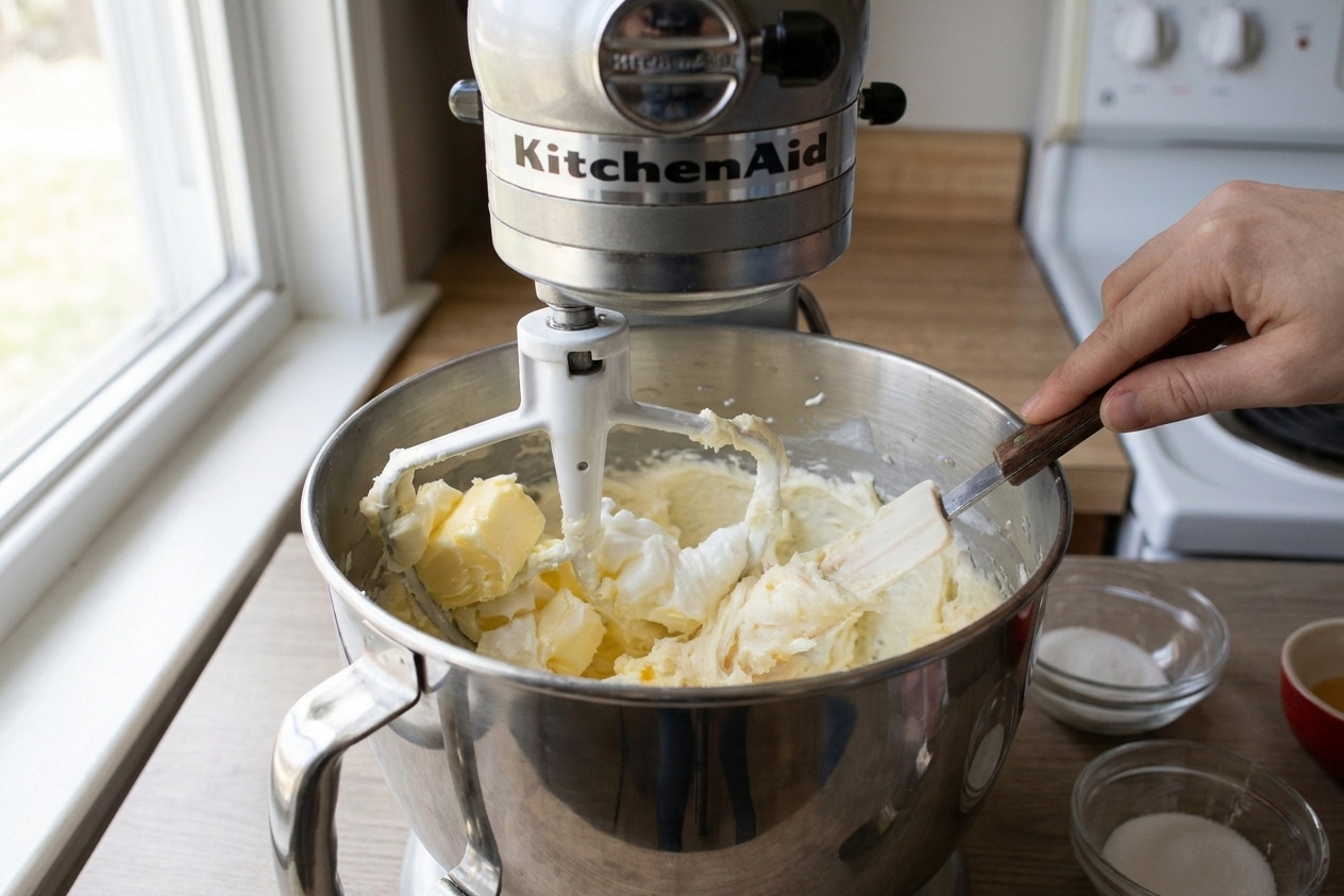 Butter and vegetable shortening being creamed together in a stand mixer bowl with a paddle attachment