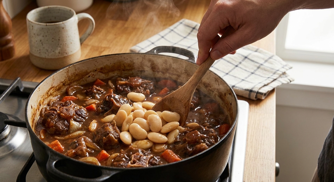 Butter beans being stirred into a pot of oxtail stew with rich brown gravy