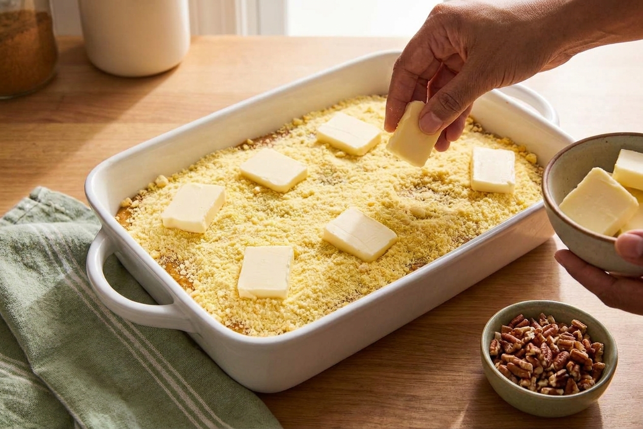 Butter being added evenly over a layer of dry yellow cake mix in a baking dish, with chopped pecans ready for topping