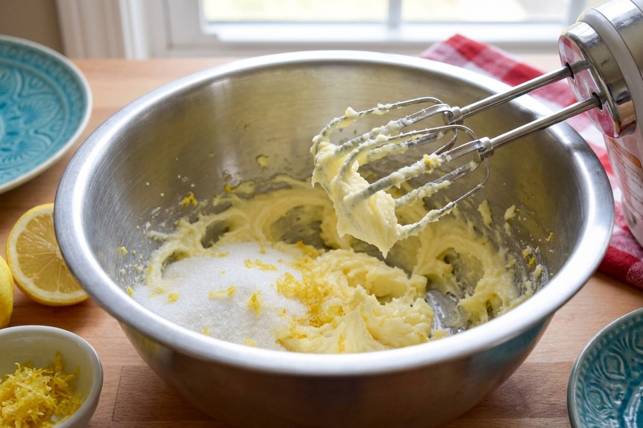 Butter being beaten with lemon-scented sugar in a mixing bowl using a hand mixer on a bright kitchen counter