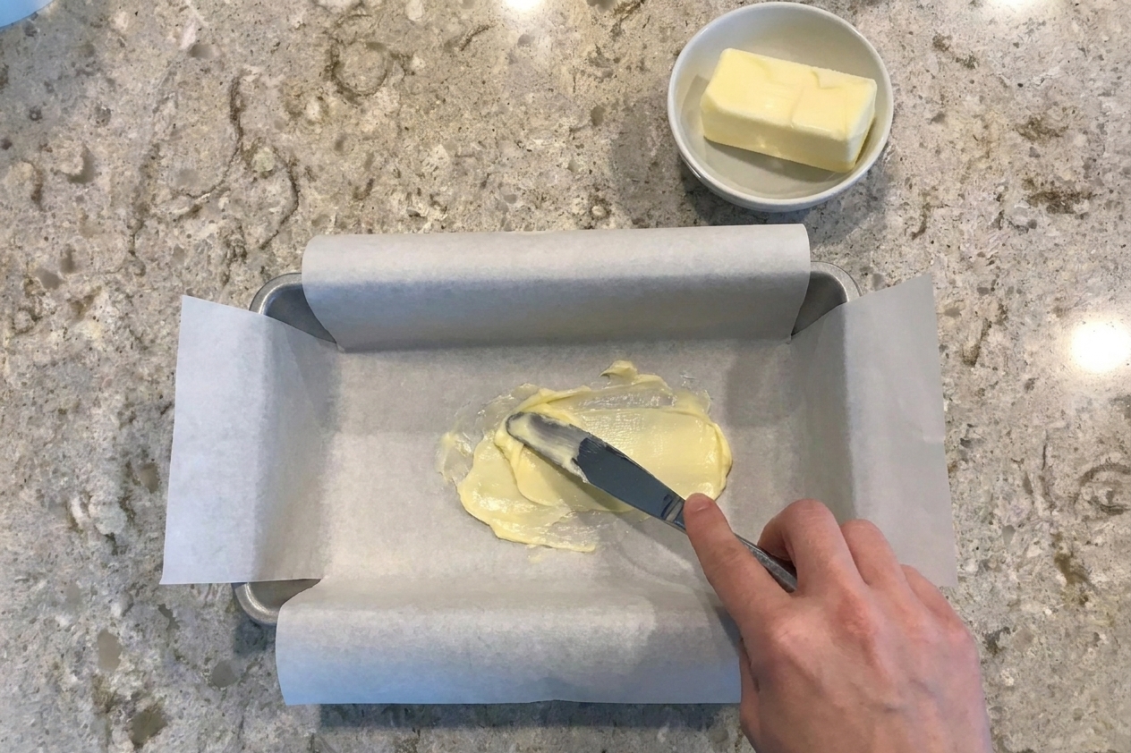 Butter being spread in a loaf pan, with parchment paper lining the pan