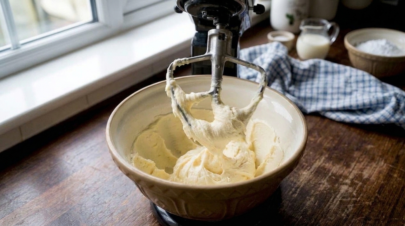 Butter being whipped until pale and fluffy in a stand mixer bowl on a bright kitchen counter
