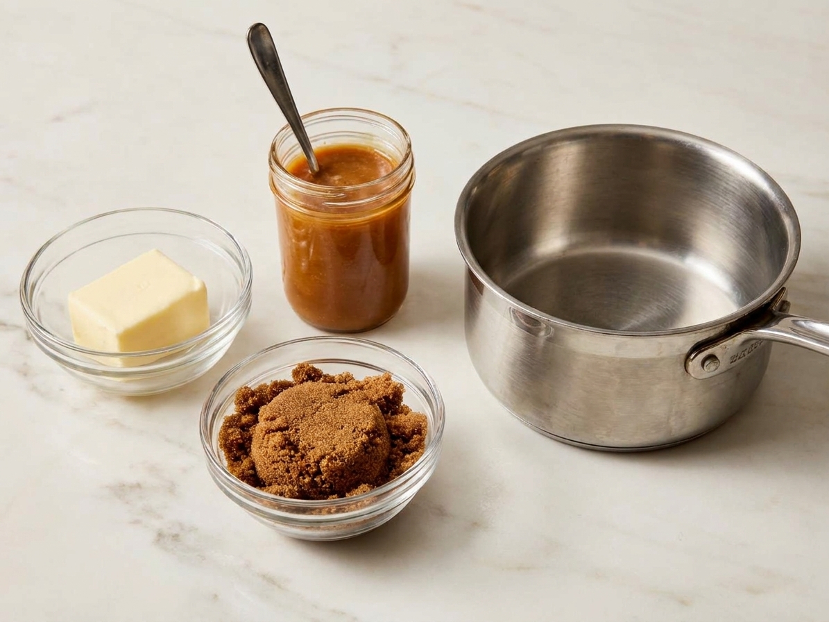 Butter, brown sugar, and butterscotch sauce measured on a tidy kitchen counter beside a small saucepan