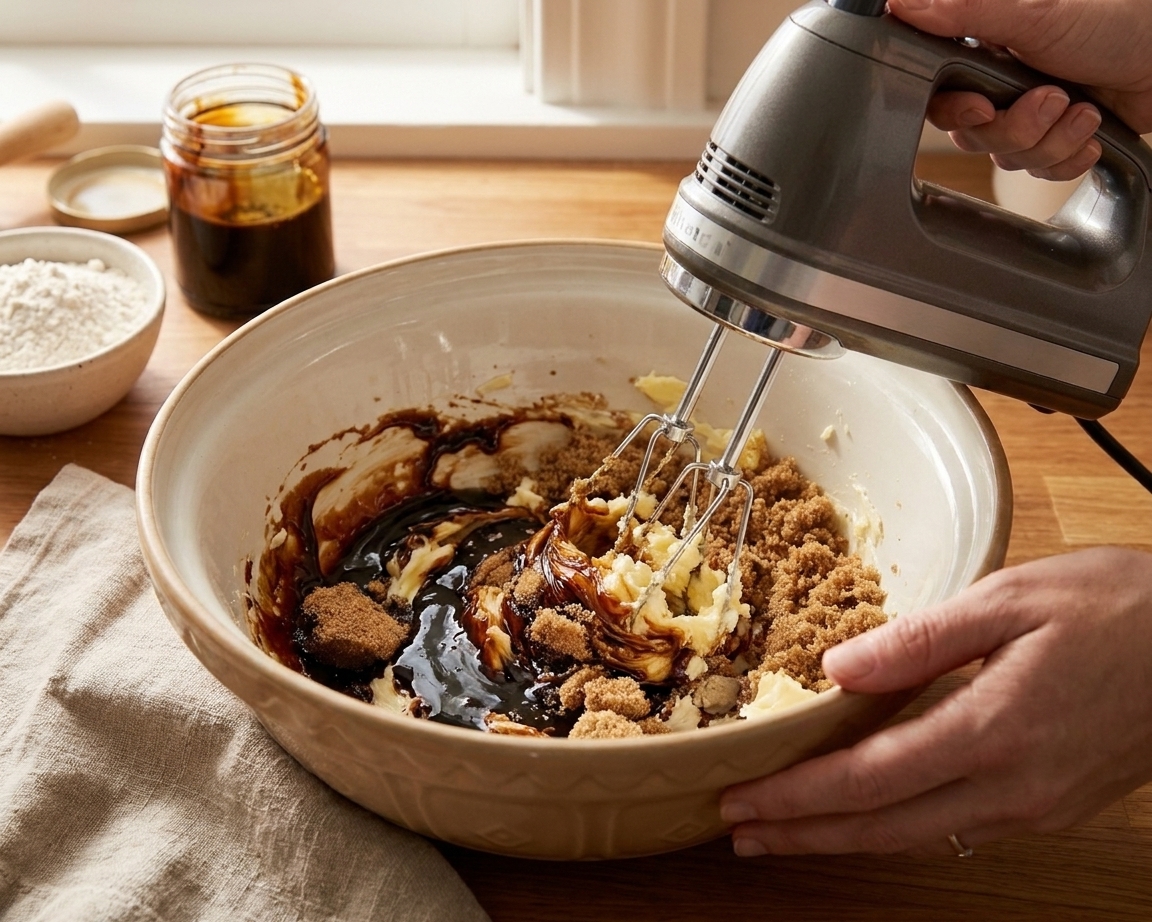 Butter, brown sugar, and molasses being mixed together in a bowl with a hand mixer on a kitchen counter