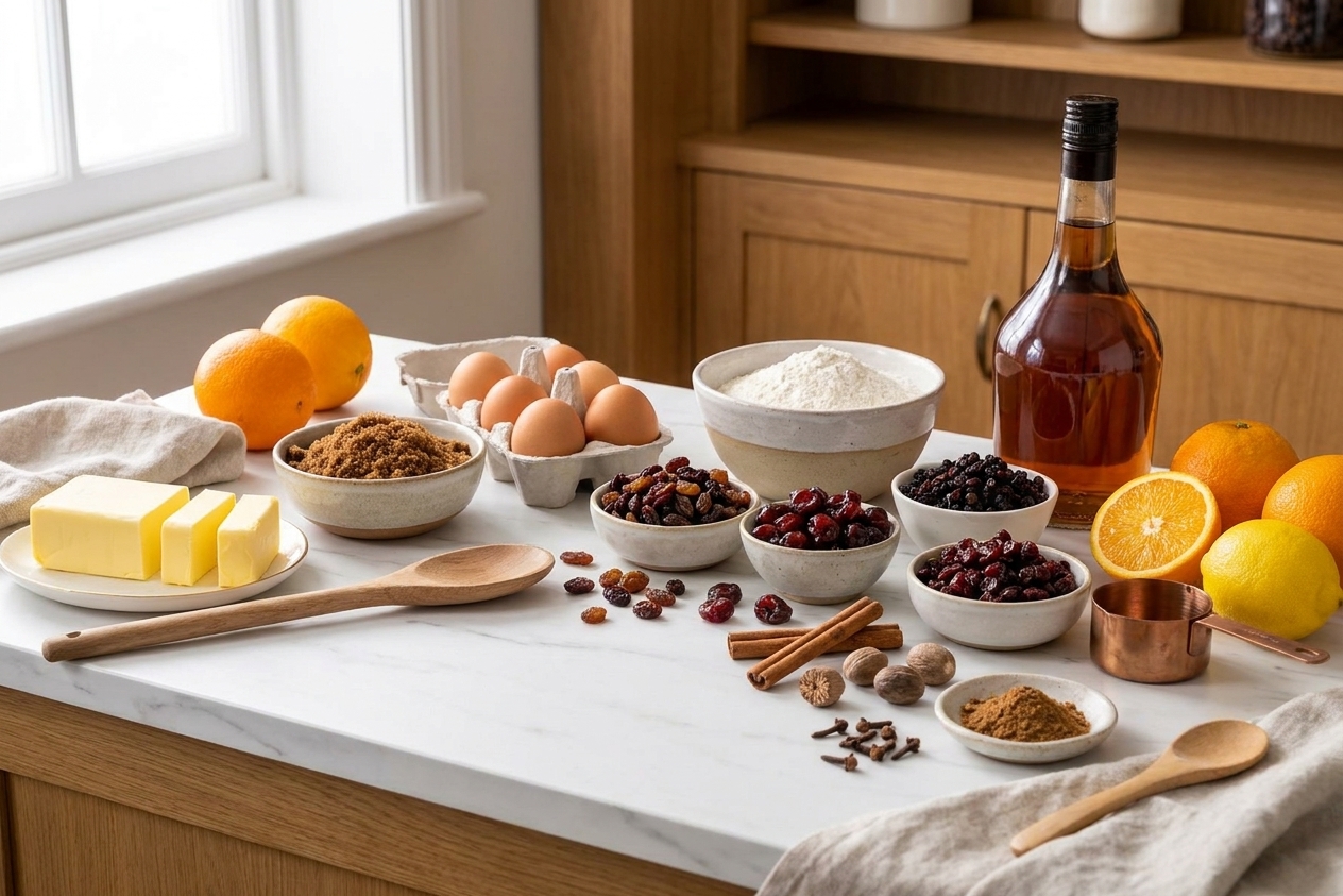 Butter, brown sugar, eggs, flour, dried fruit, citrus, spices, and a bottle of brandy arranged on a bright home kitchen counter, ready for baking