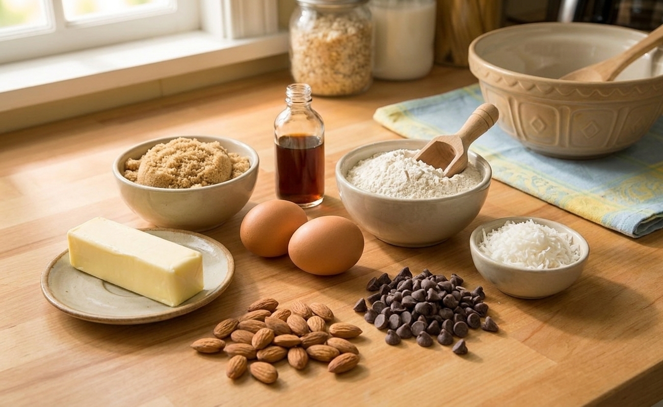 Butter, brown sugar, eggs, vanilla, flour, shredded coconut, chocolate chips, and whole almonds arranged on a clean kitchen counter with warm natural light