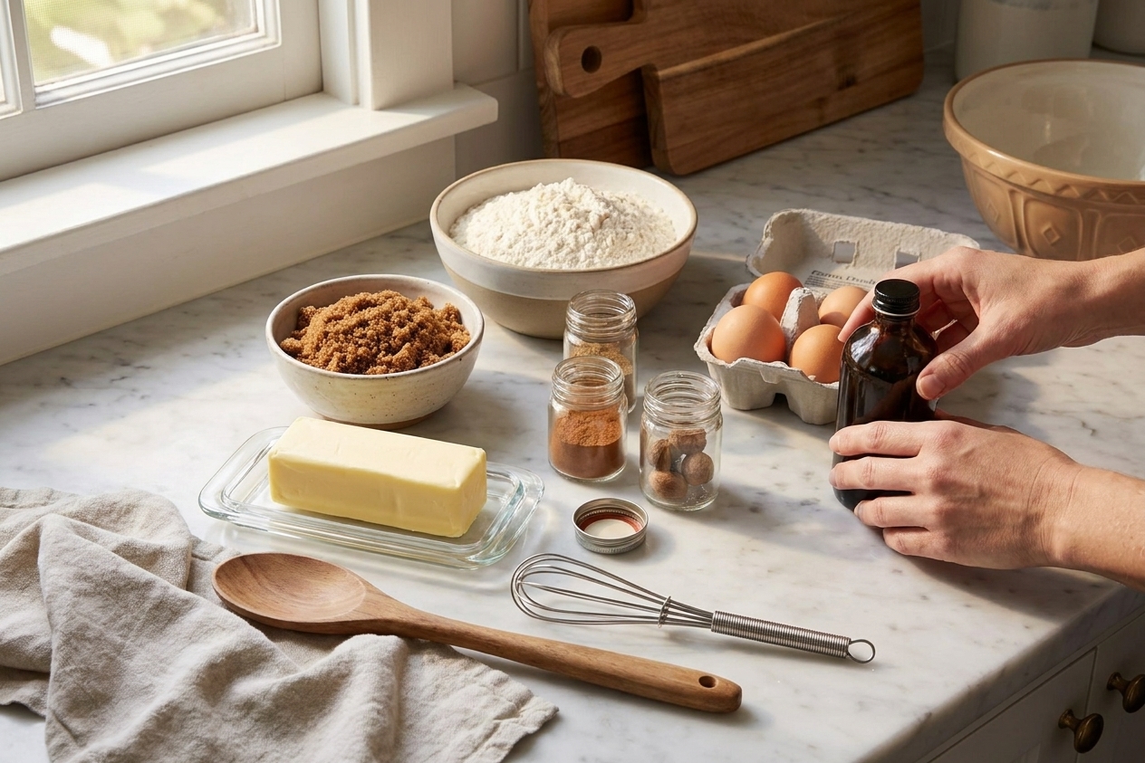 Butter, brown sugar, flour, spices, eggs, and vanilla arranged on a tidy kitchen counter in warm natural light