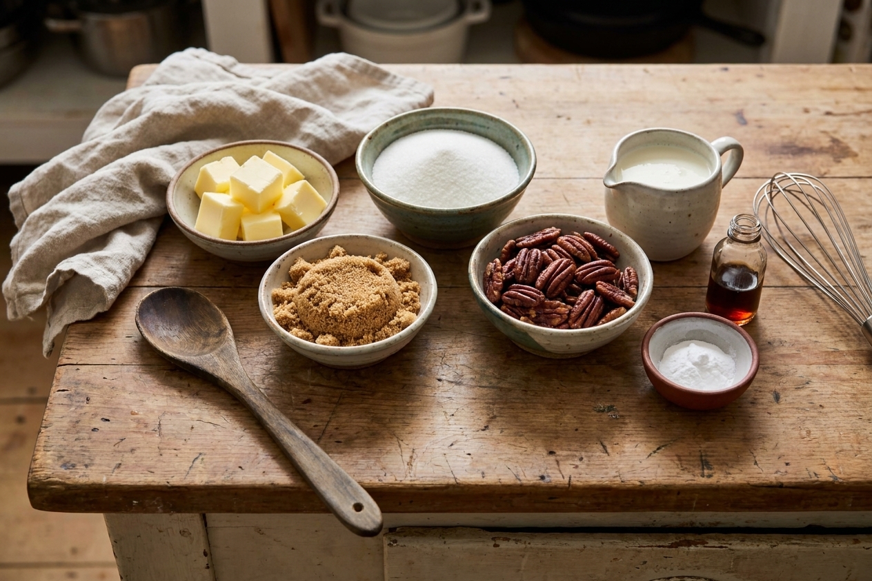 Butter, brown sugar, granulated sugar, heavy cream, pecans, vanilla, and baking soda measured in small bowls on a clean kitchen counter