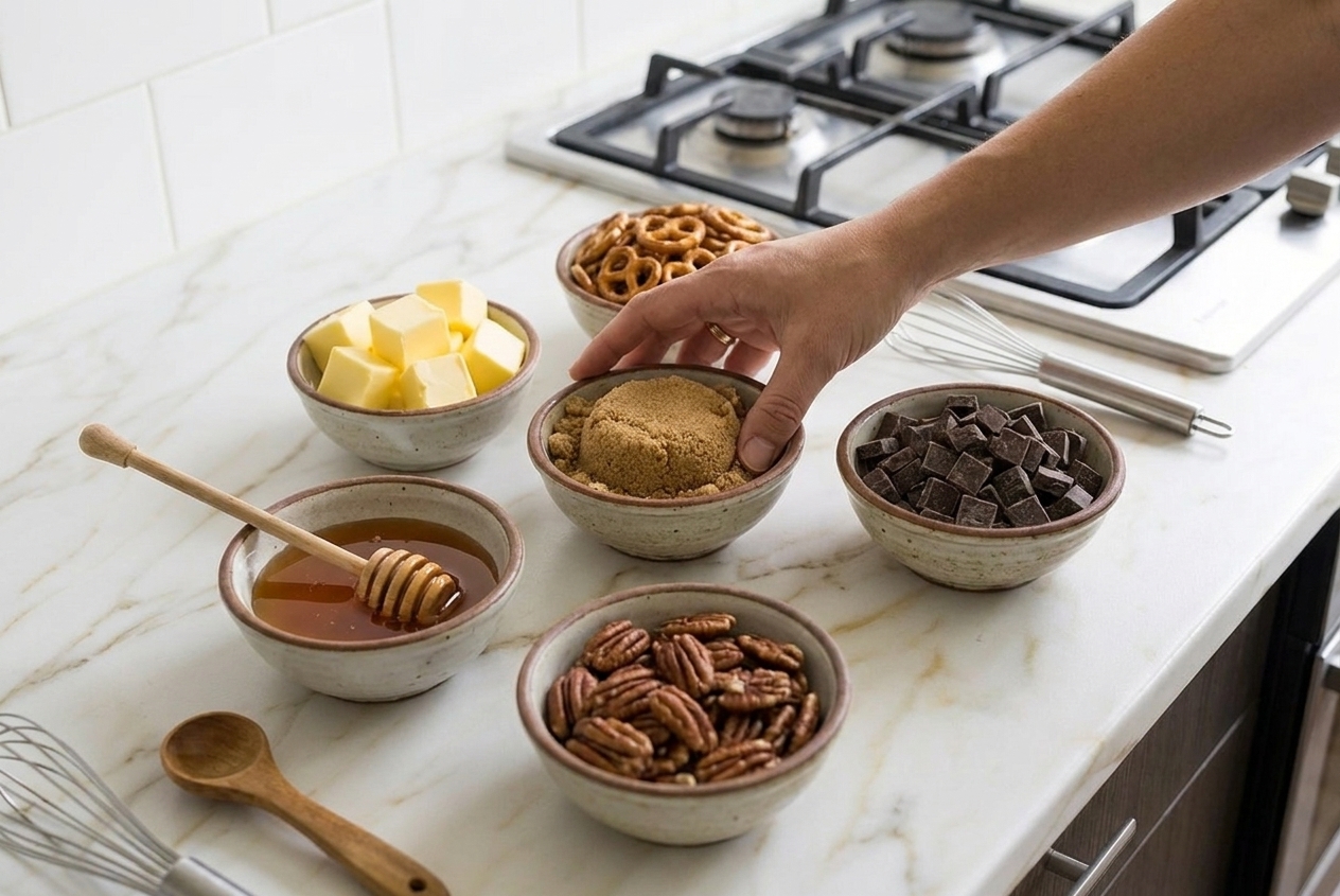 Butter, brown sugar, honey, pretzels, nuts, and chocolate measured out in small bowls on a kitchen counter