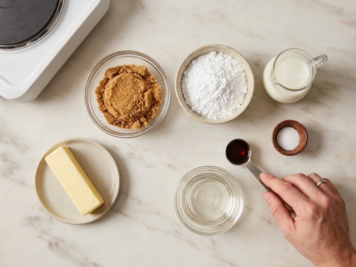 Butter, brown sugar, powdered sugar, milk, salt, vanilla, and corn syrup measured out on a tidy kitchen counter