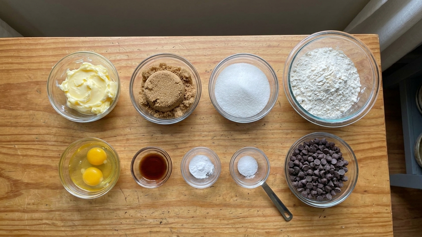 Butter, brown sugar, white sugar, flour, eggs, vanilla, baking soda, salt, and chocolate chips measured out in bowls on a clean kitchen counter